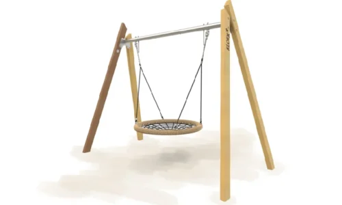 Matenplan van een nestschommelconstructie met vlakke ophanging. De technische tekening toont de afmetingen van het metalen frame, de houten staanders en de positionering van de ronde nestzitting, inclusief hoogte, breedte en ophangpunten.
