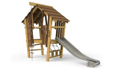 Robuust houten speelhuisje “Das”, gemaakt van duurzaam robinia hout. Het ontwerp is geïnspireerd op een bosrijke omgeving, met natuurlijke vormen en speelelementen die uitnodigen tot ontdekken, klimmen en fantasierijk buitenspel