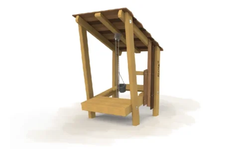 Houten speelhuisje voor kinderen, ontworpen onder de naam "Eend". Het ontwerp is speels en kindvriendelijk, met natuurlijke houttinten en veilige, afgeronde vormen, ideaal voor buitenspelen