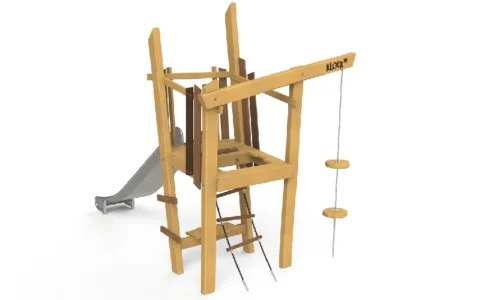 Productfoto van de Marter, een multifunctioneel houten speeltoestel van het merk Kloek, aangeboden door LuduQ; uitgerust met een RVS glijbaan, touwladder, klimschotels en een bankje, vervaardigd uit duurzaam Bilinga hardhout en geschikt voor kinderen van 5 tot 12 jaar.