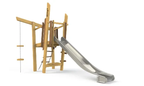 Productfoto van de Marter, een multifunctioneel houten speeltoestel van het merk Kloek, aangeboden door LuduQ; uitgerust met een RVS glijbaan, touwladder, klimschotels en een bankje, vervaardigd uit duurzaam Bilinga hardhout en geschikt voor kinderen van 5 tot 12 jaar