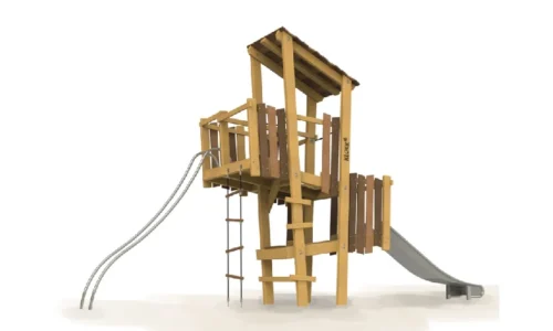 Productfoto van het speeltoestel Vos, een houten klim- en speeltoestel van het merk Kloek, aangeboden door LuduQ; vormgegeven met natuurlijke lijnen en voorzien van een glijbaan en klimtoestel, ontworpen voor kinderen om te klimmen, glijden en spelen
