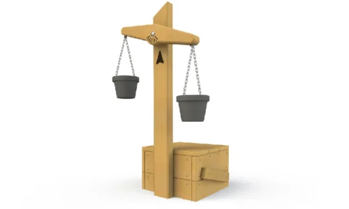 Productfoto van een houten weegschaal van het merk Kloek, aangeboden door LuduQ; een stevig en natuurlijk speeltoestel dat kinderen helpt bij het ontdekken van gewichten en balans tijdens het spelen