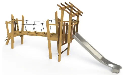 roductfoto van het Zwijn, een houten klim- en speeltoestel van het merk Kloek, aangeboden door LuduQ; vormgegeven als een robuust wild zwijn met afgeronde hoeken, voorzien van een glijbaan, waarop kinderen kunnen klimmen, zitten, balanceren en glijden