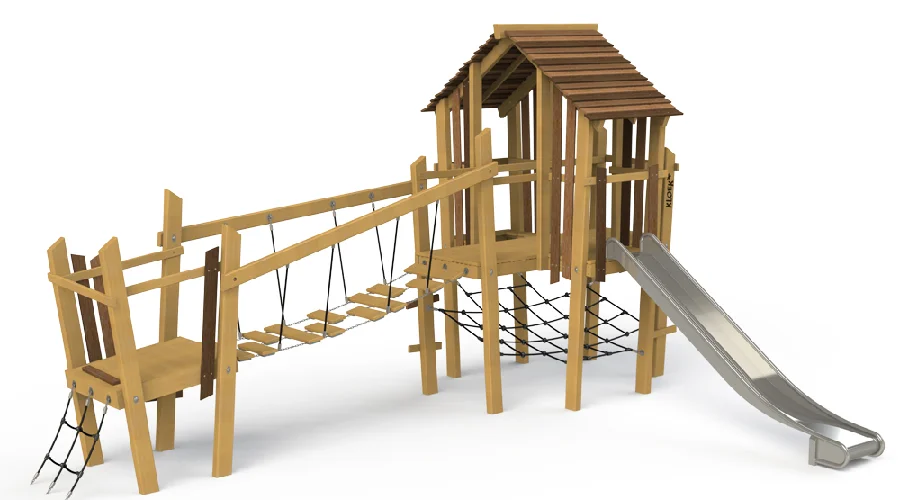 Speeltoestel “Os” uit de Kloek Line, vervaardigd uit robinia hout met een stoer, open ontwerp. Het toestel combineert klimelementen met een evenwichtsbalk en biedt kinderen ruimte voor actief spel, balans en ontdekking in een natuurlijke speelomgeving.
